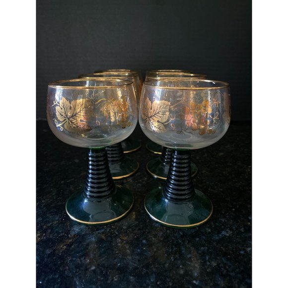 Wine Glasses, 4 3/8" Etched Gold Grapes with Green Beehive Stem, French, Qty. 6 - Picture 1 of 8